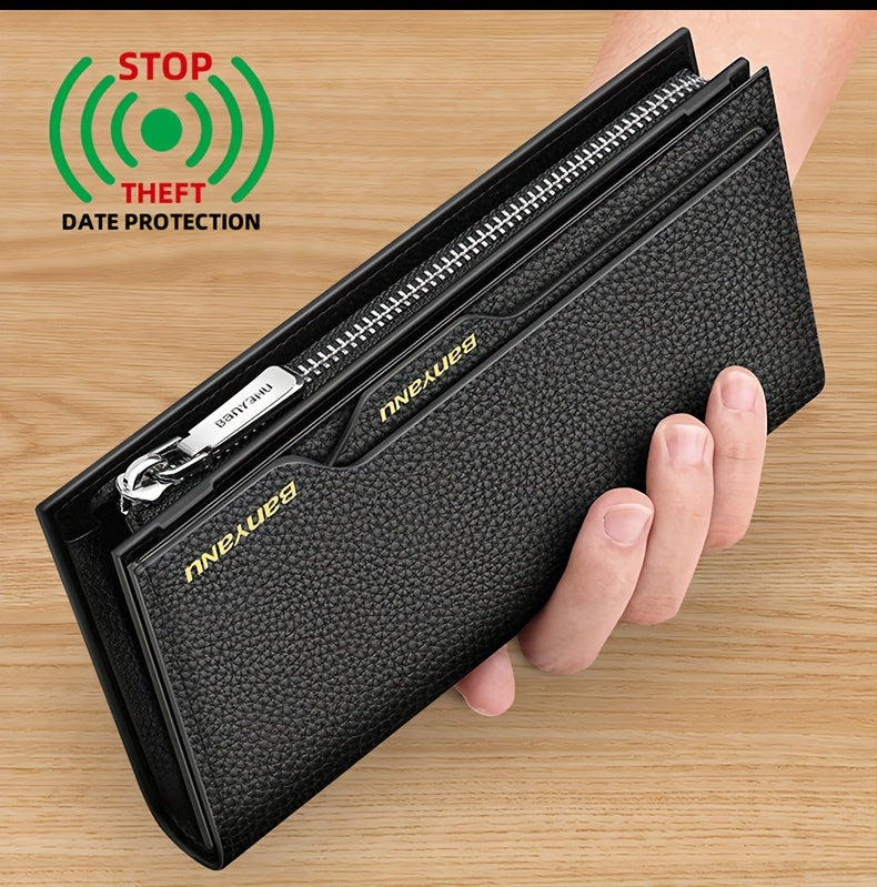 Men's Long Leather Wallet with Zipper Pocket and 6 Finishes