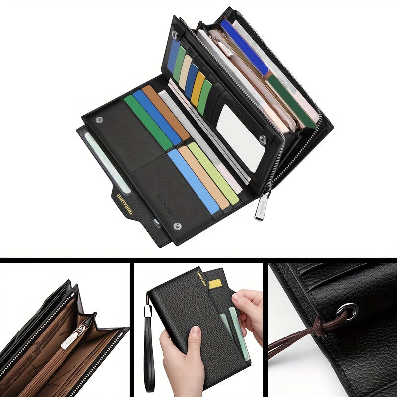 Men's Long Leather Wallet with Zipper Pocket and 6 Finishes