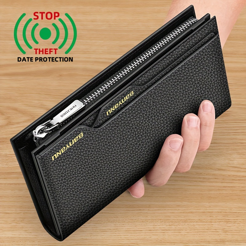 Men's Long Leather Wallet with Zipper Pocket and 6 Finishes