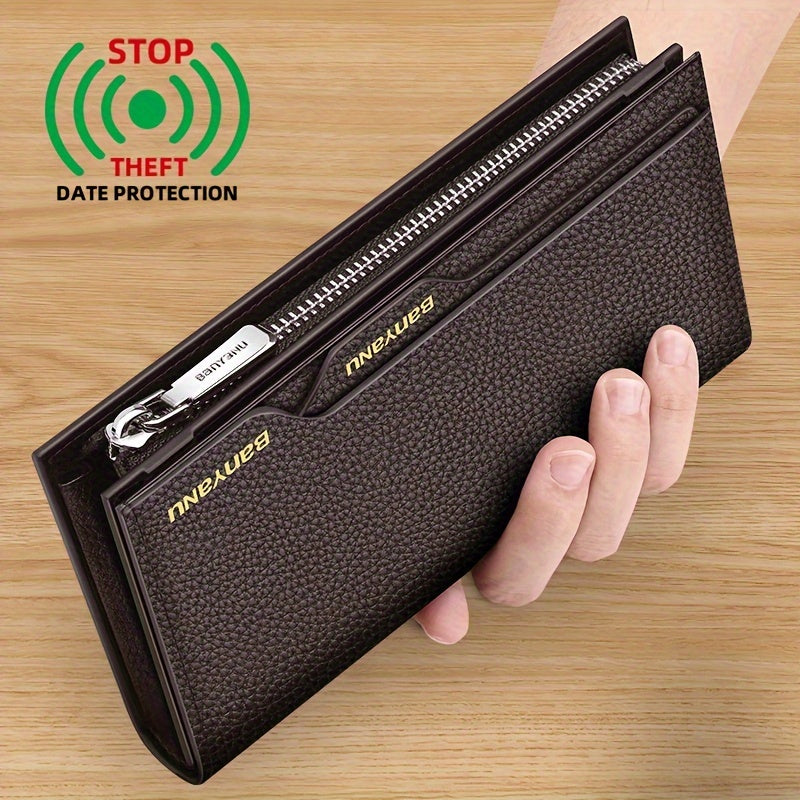 Men's Long Leather Wallet with Zipper Pocket and 6 Finishes