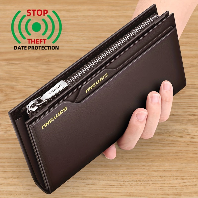 Men's Long Leather Wallet with Zipper Pocket and 6 Finishes