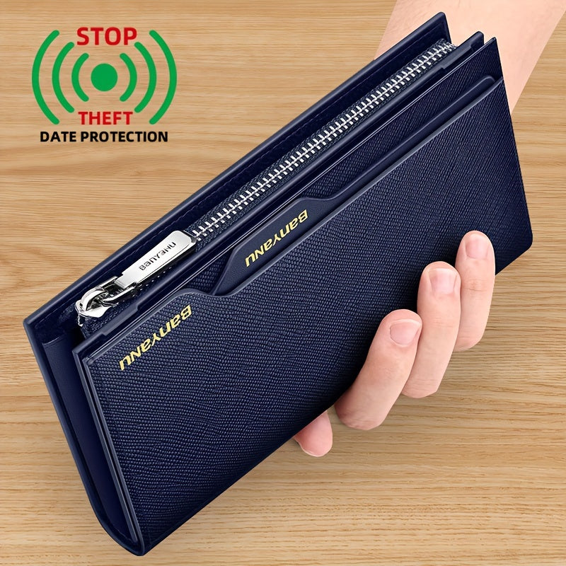 Men's Long Leather Wallet with Zipper Pocket and 6 Finishes