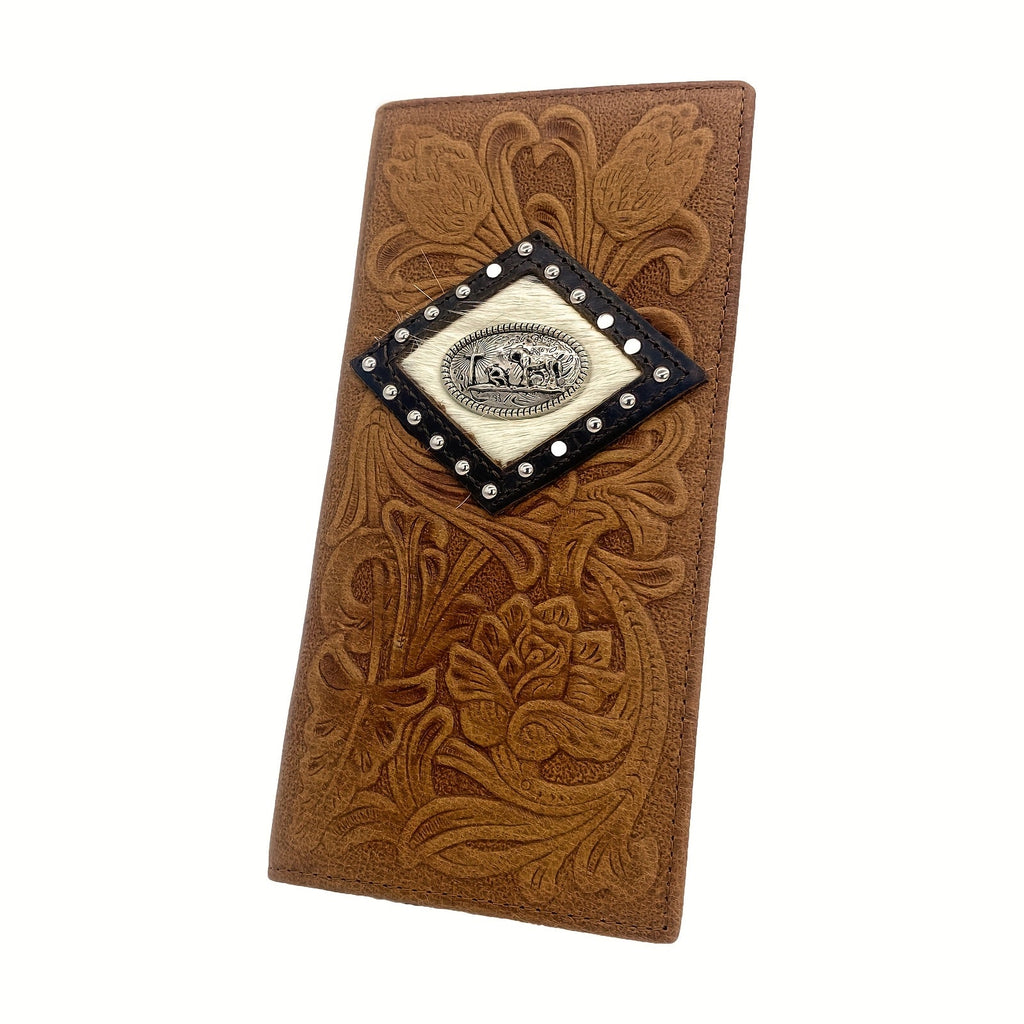 Long men's floral embossed leather wallet, western style
