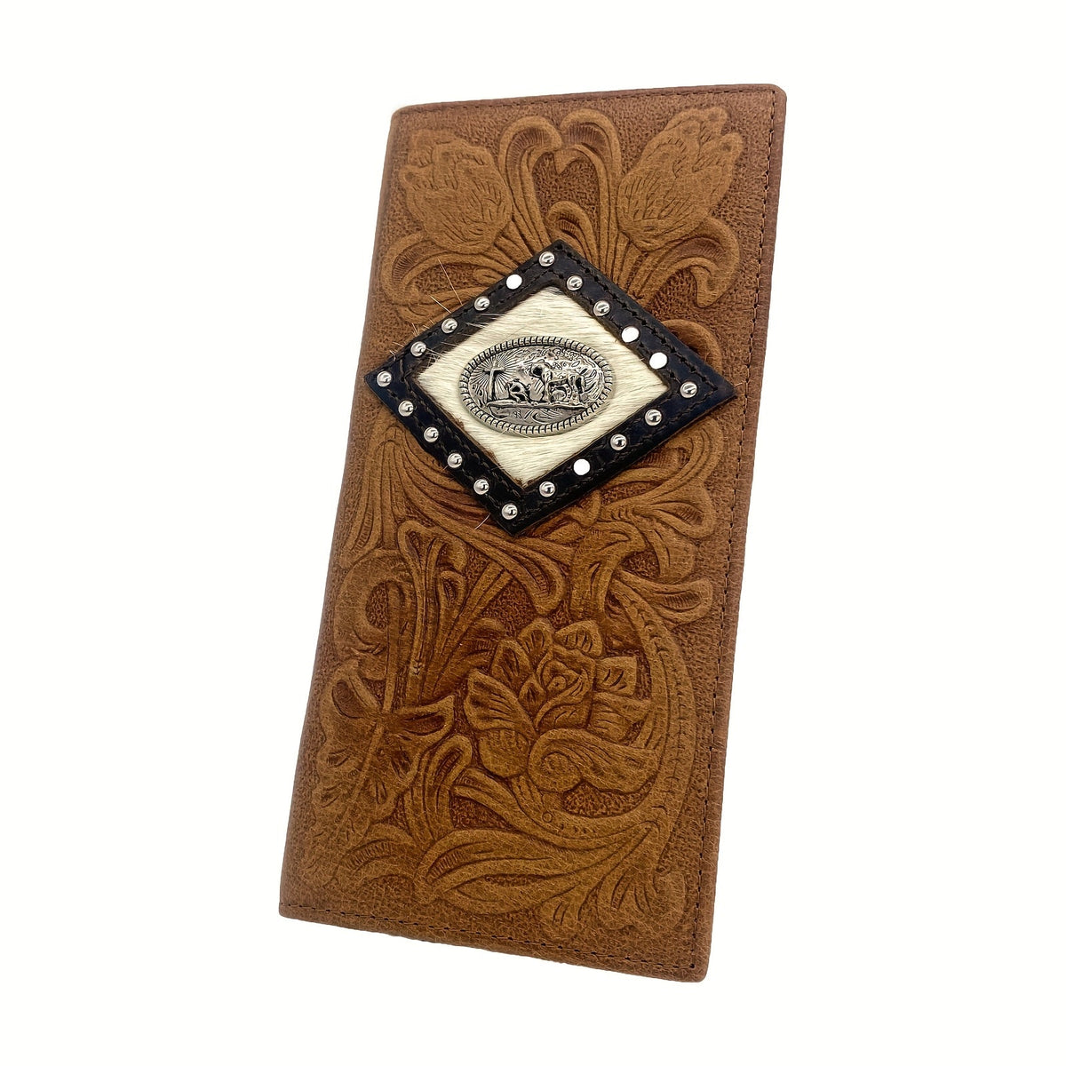 Long men's floral embossed leather wallet, western style