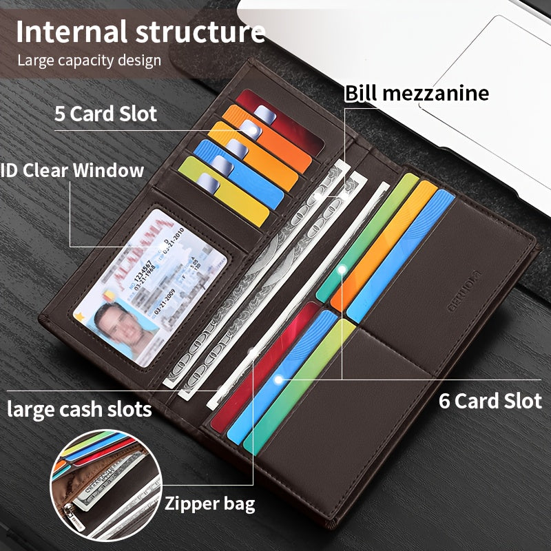 Men's Long Cowhide Leather Wallet, 11 Cards and RFID