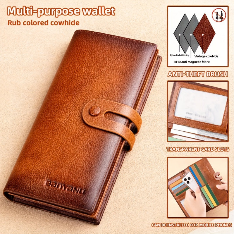 Men's Long Cowhide Wallet, 12 Cards, RFID