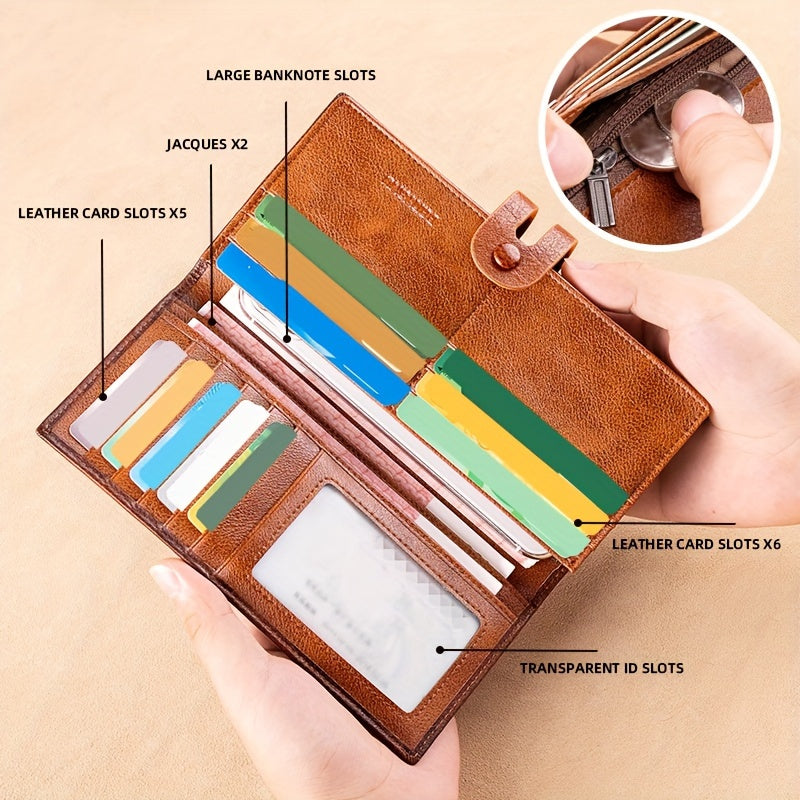 Men's Long Cowhide Wallet, 12 Cards, RFID