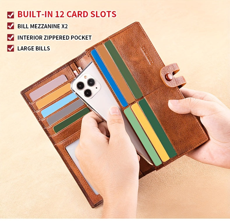 Men's Long Cowhide Wallet, 12 Cards, RFID