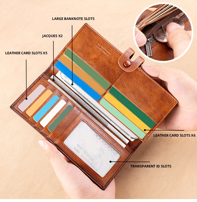 Men's Long Cowhide Wallet, 12 Cards, RFID