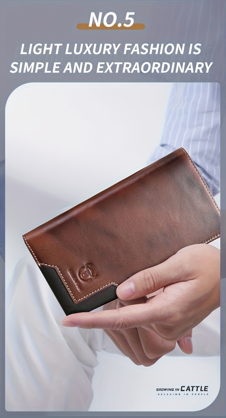 Men's Long Cowhide Leather Wallet, 10 Card Slots