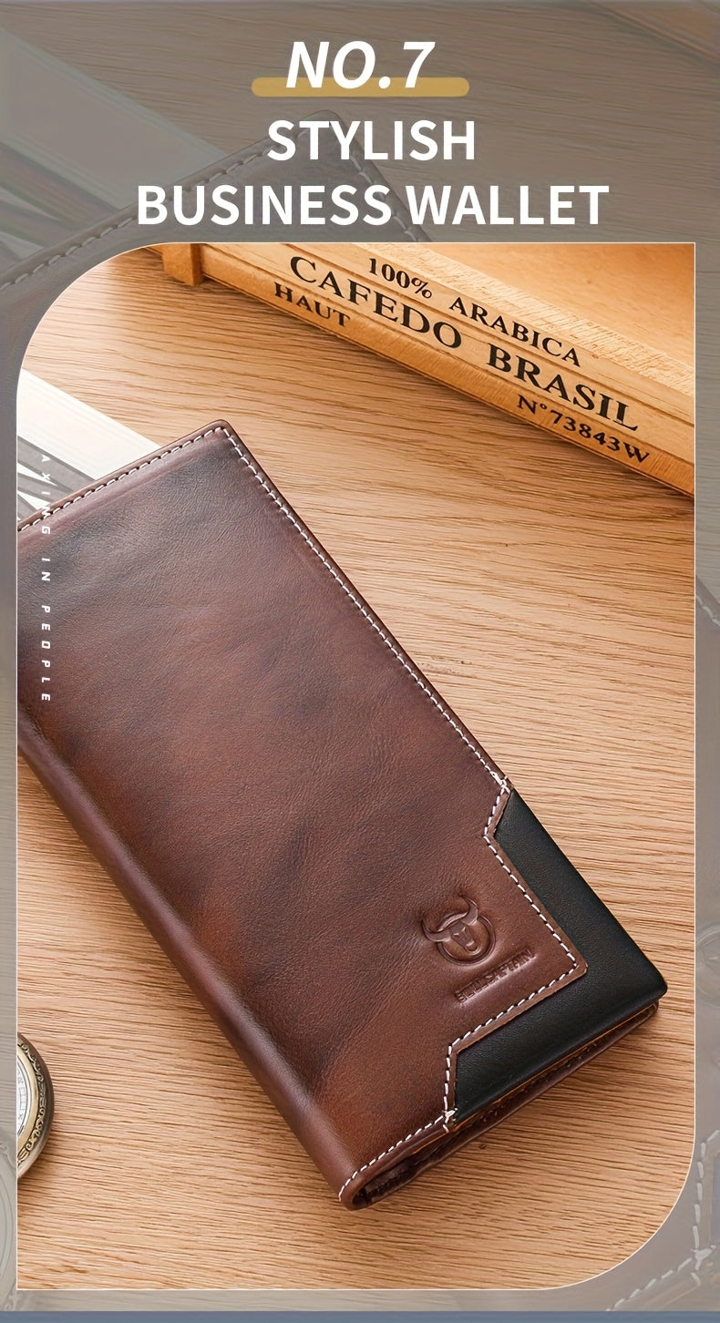Men's Long Cowhide Leather Wallet, 10 Card Slots