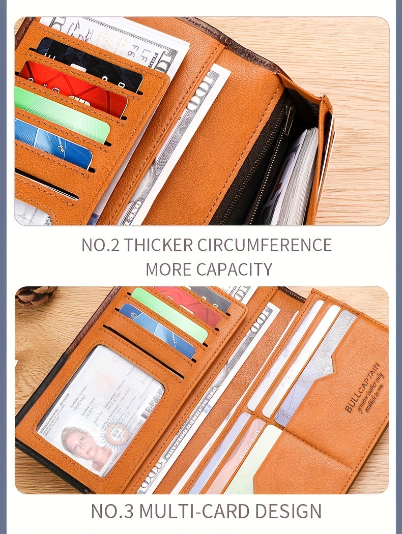 Men's Long Cowhide Leather Wallet, 10 Card Slots