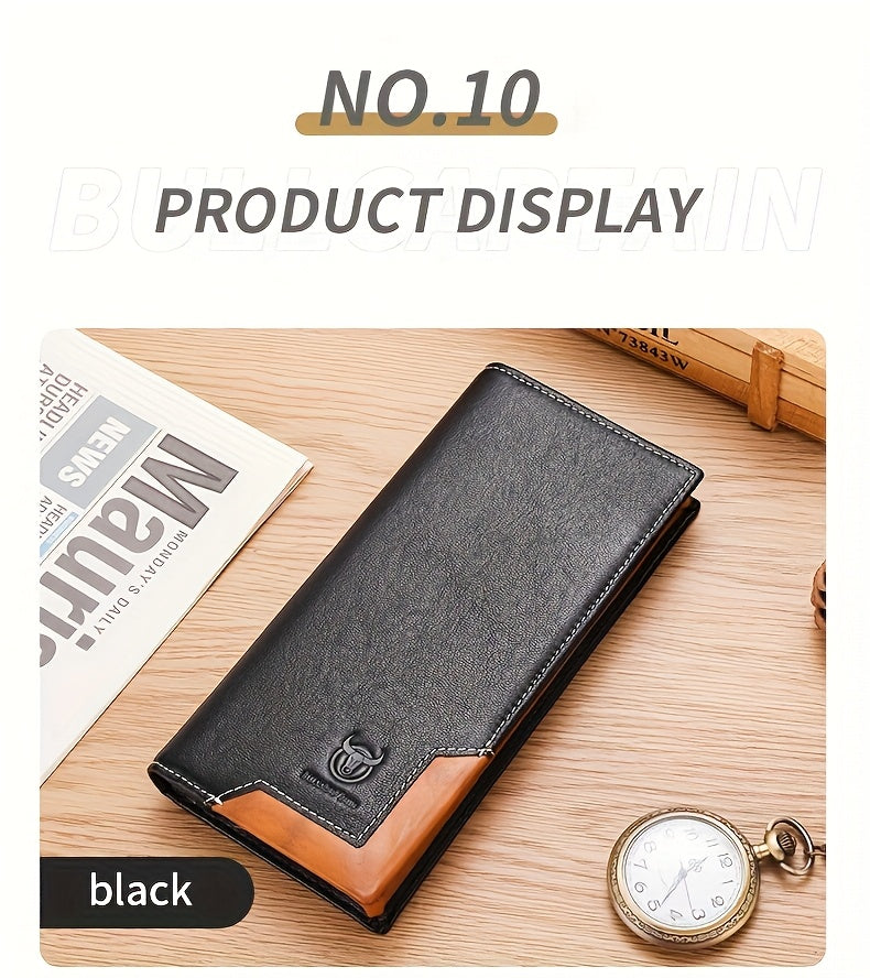 Men's Long Cowhide Leather Wallet, 10 Card Slots