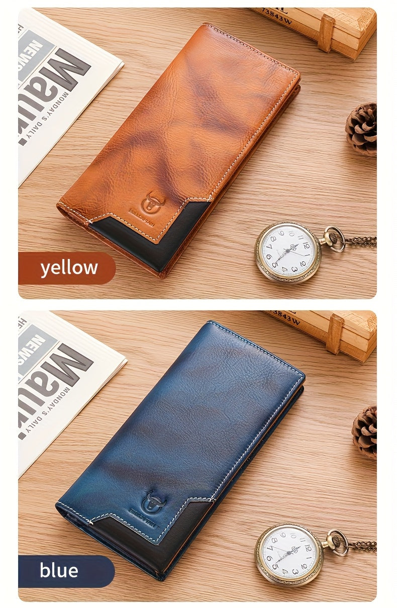 Men's Long Cowhide Leather Wallet, 10 Card Slots