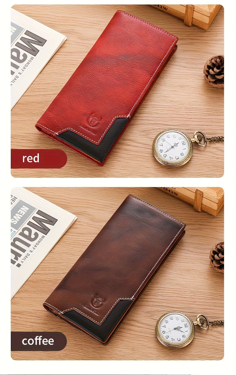 Men's Long Cowhide Leather Wallet, 10 Card Slots