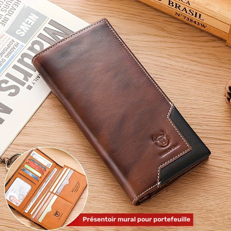 Men's Long Cowhide Leather Wallet, 10 Card Slots