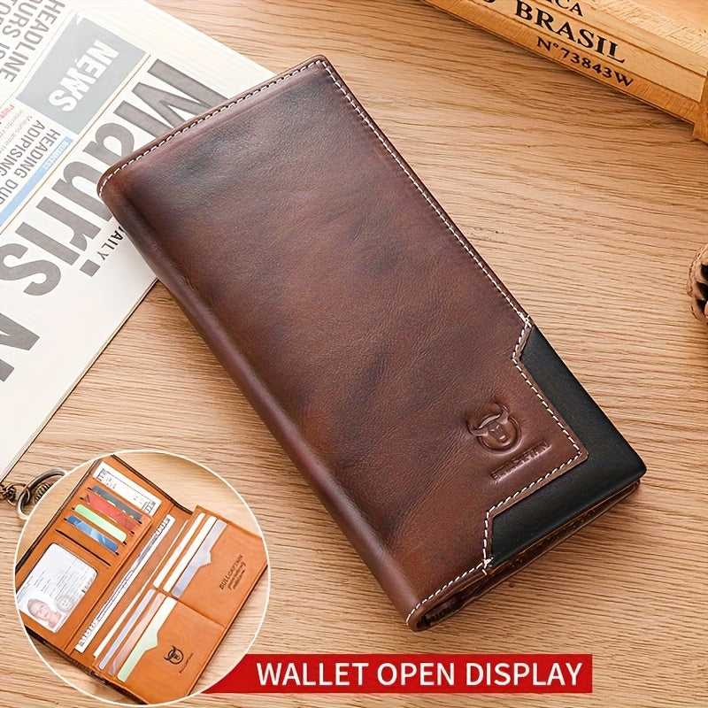 Men's Long Cowhide Leather Wallet, 10 Card Slots