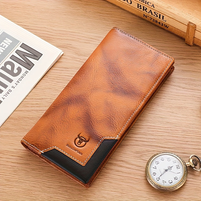 Men's Long Cowhide Leather Wallet, 10 Card Slots