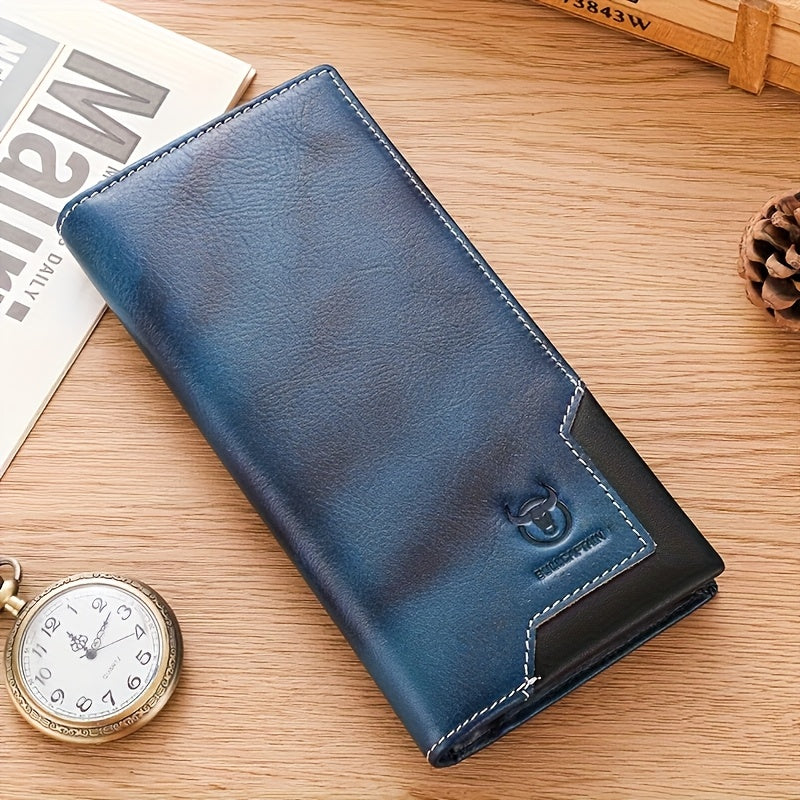 Men's Long Cowhide Leather Wallet, 10 Card Slots