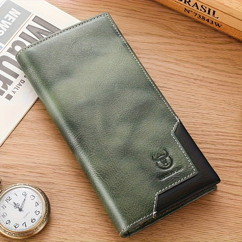 Men's Long Cowhide Leather Wallet, 10 Card Slots