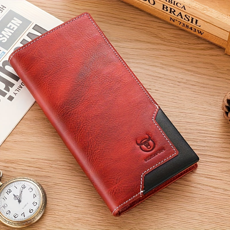 Men's Long Cowhide Leather Wallet, 10 Card Slots