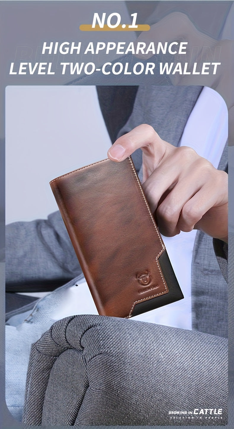 Men's Long Cowhide Leather Wallet, 10 Card Slots