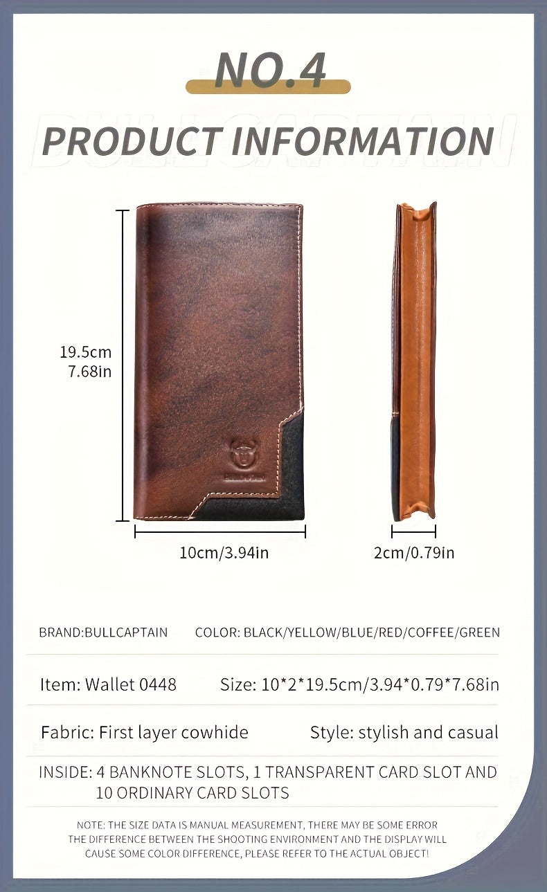 Men's Long Cowhide Leather Wallet, 10 Card Slots
