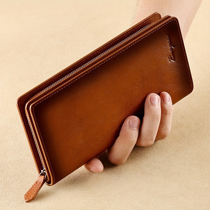 Men's Long Leather Wallet with Zippered Coin Pocket