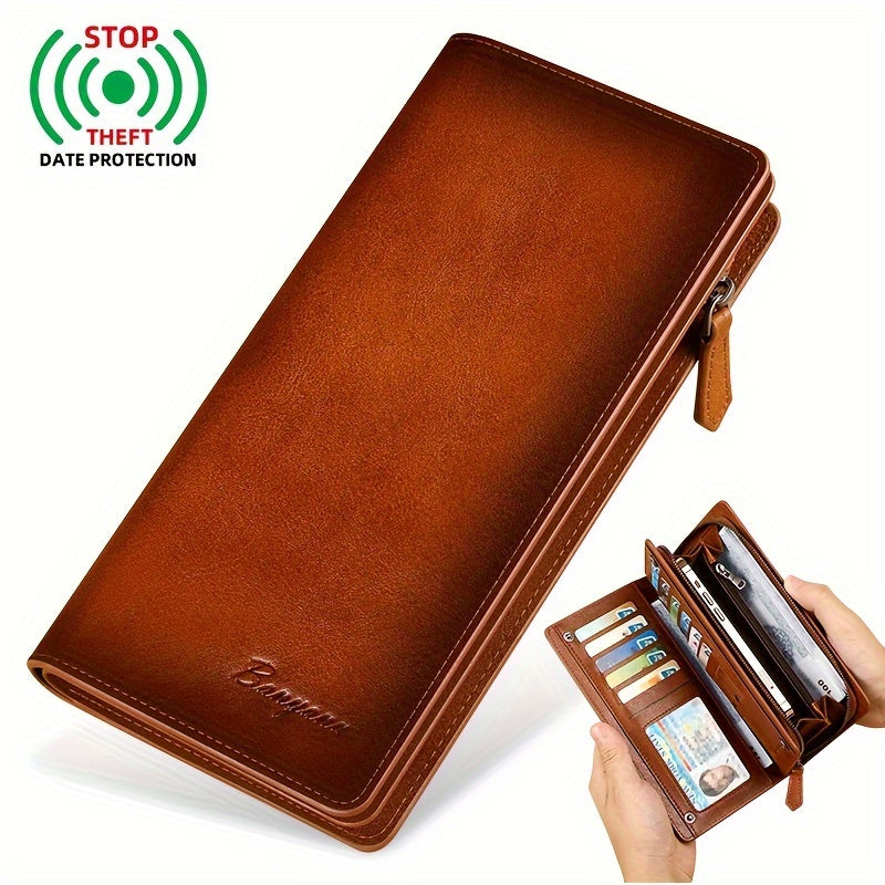 Men's Long Leather Wallet with Zippered Coin Pocket