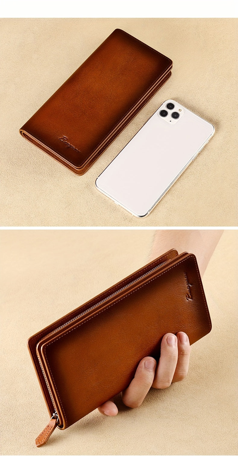 Men's Long Leather Wallet with Zippered Coin Pocket