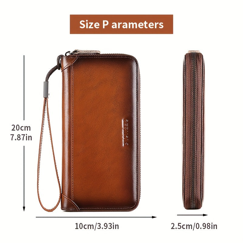 Men's Long Cowhide RFID Wallet, 8 Card Slots