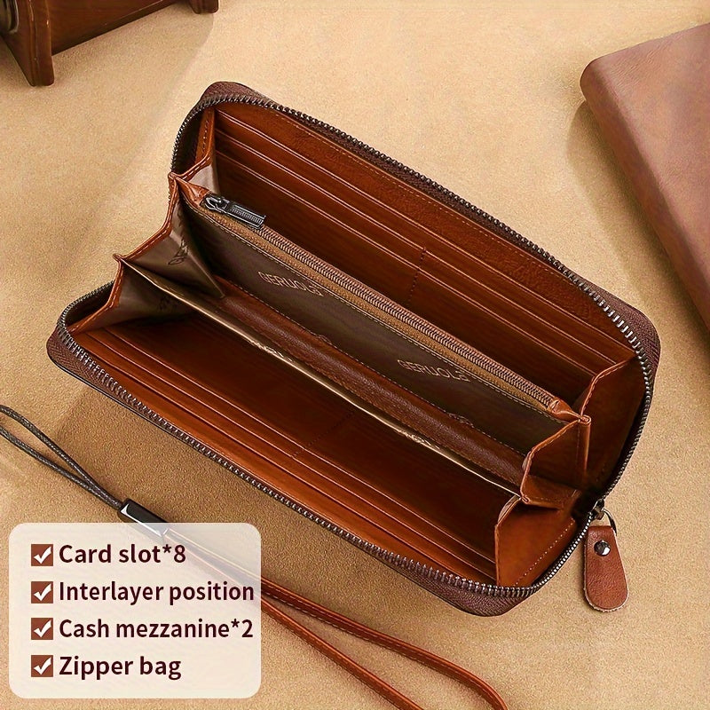 Men's Long Cowhide RFID Wallet, 8 Card Slots