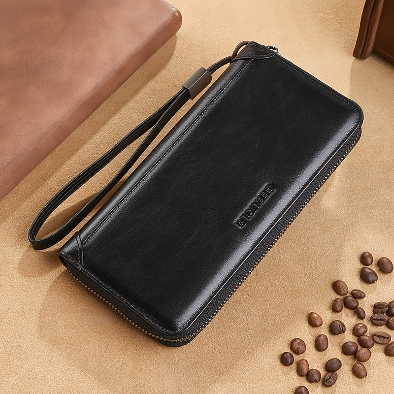 Men's Long Cowhide RFID Wallet, 8 Card Slots