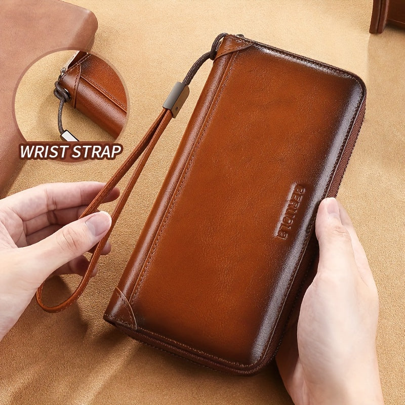 Men's Long Cowhide RFID Wallet, 8 Card Slots