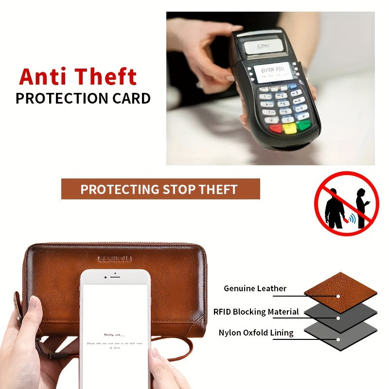Men's Long Cowhide RFID Wallet, 8 Card Slots