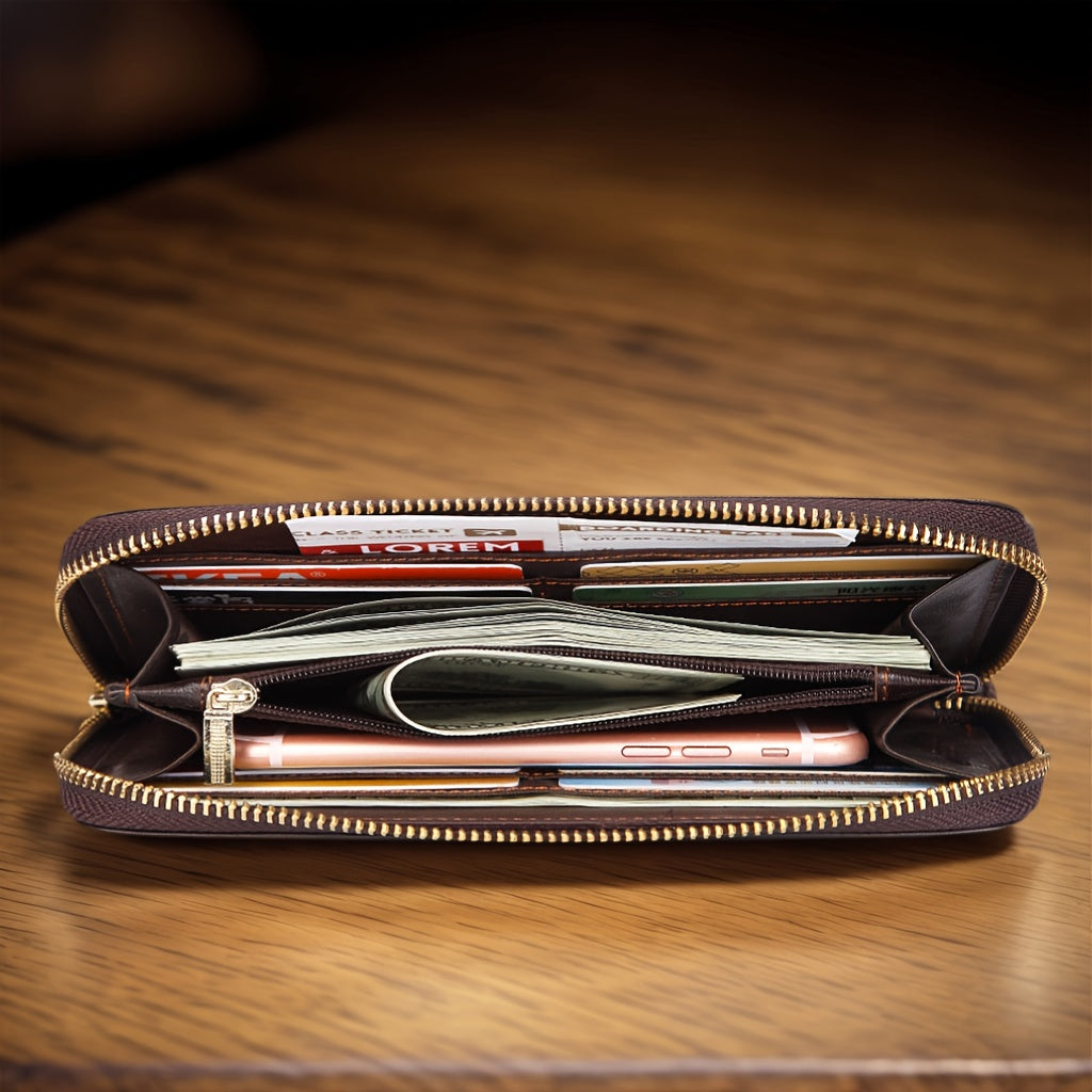 Men's Long Cowhide Wallet with Zipper and Wrist Strap