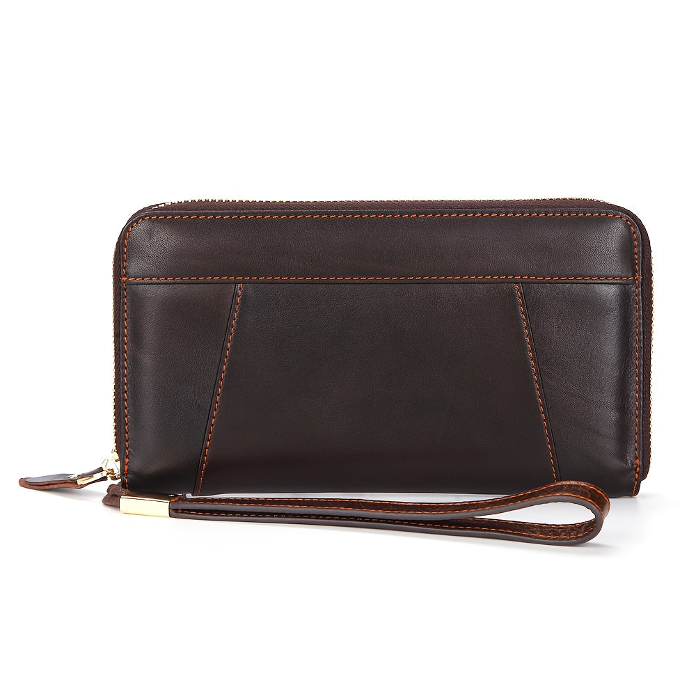 Men's Long Cowhide Wallet with Zipper and Wrist Strap