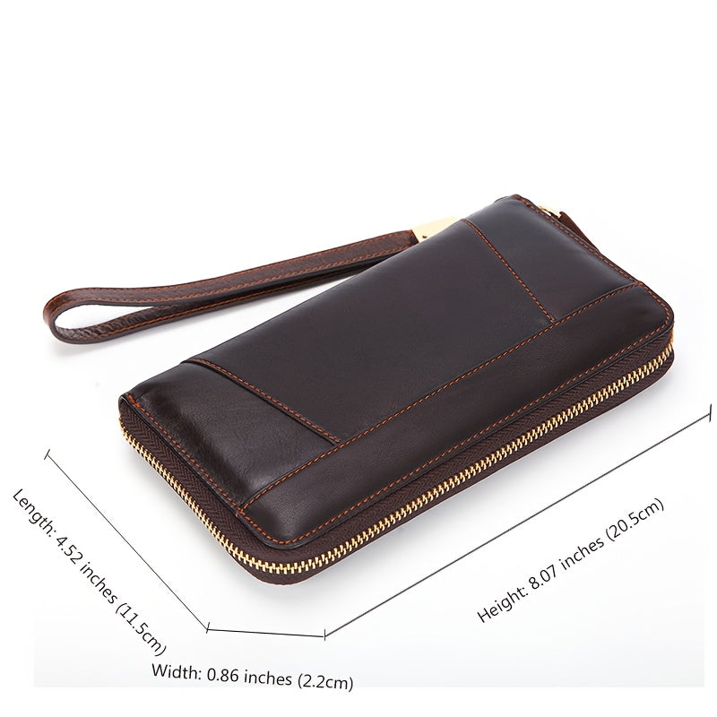 Men's Long Cowhide Wallet with Zipper and Wrist Strap