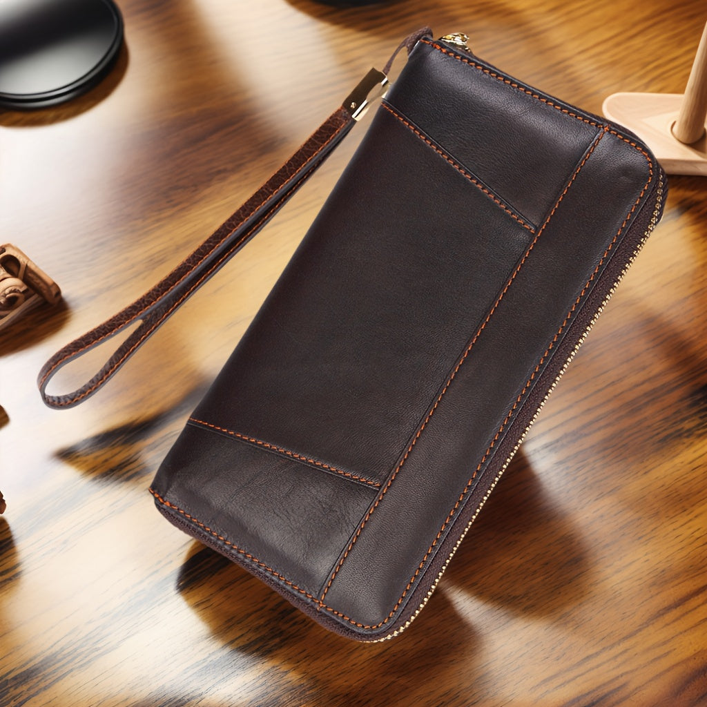 Men's Long Cowhide Wallet with Zipper and Wrist Strap
