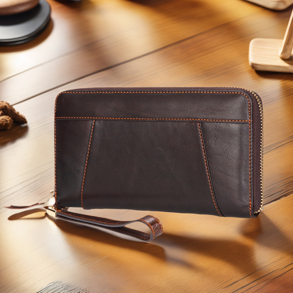 Men's Long Cowhide Wallet with Zipper and Wrist Strap