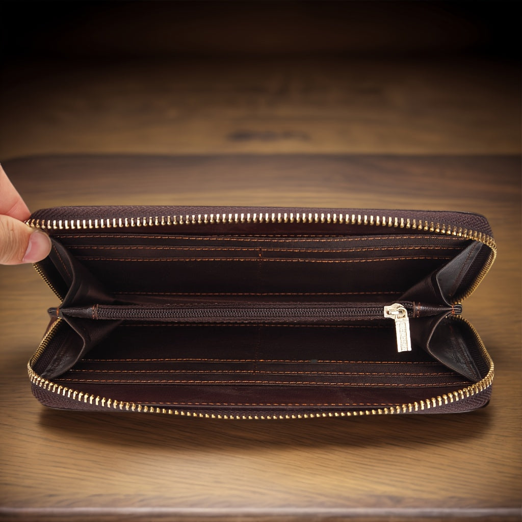 Men's Long Cowhide Wallet with Zipper and Wrist Strap