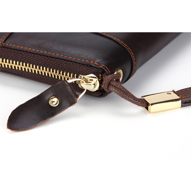 Men's Long Cowhide Wallet with Zipper and Wrist Strap