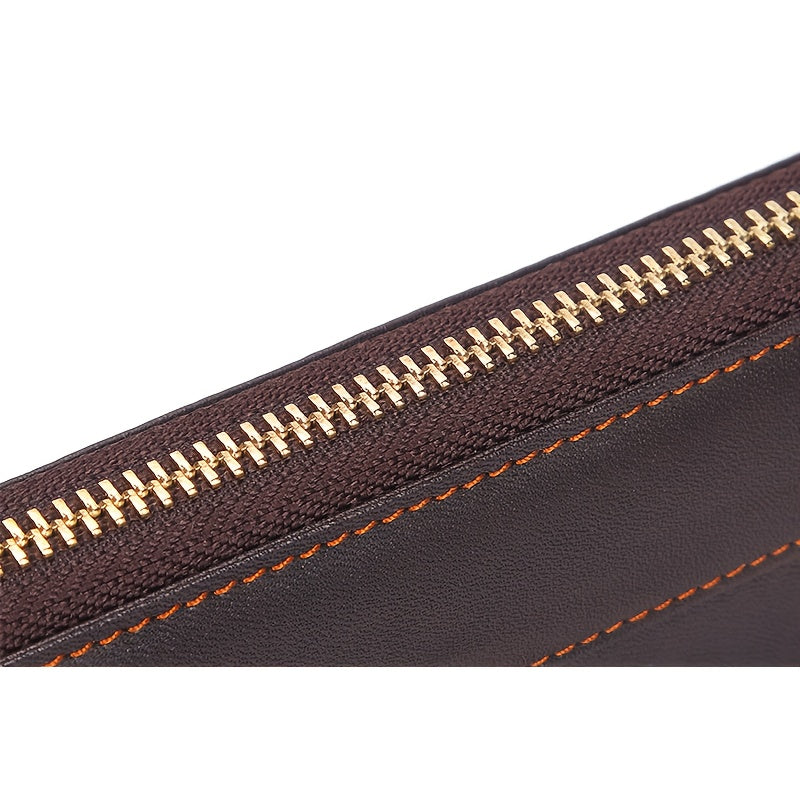 Men's Long Cowhide Wallet with Zipper and Wrist Strap