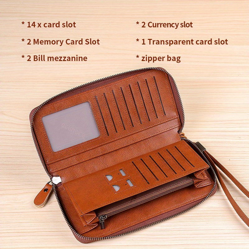 Men's Long Zippered Wallet, 14 Card Slots
