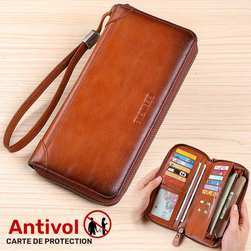 Men's Long Zippered Wallet in Cowhide, 14 Cards