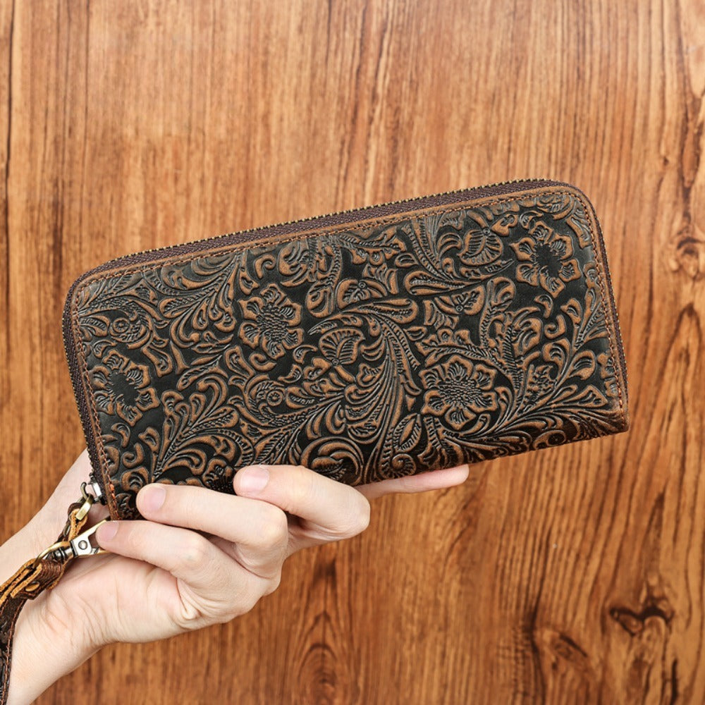 Men's Long Wallet with Floral Embossing, Cowhide Leather