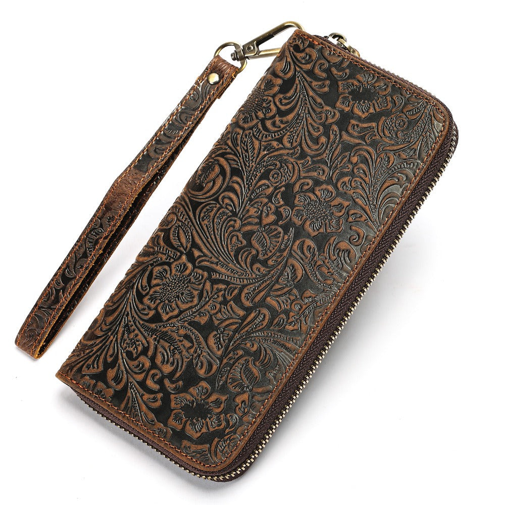 Men's Long Wallet with Floral Embossing, Cowhide Leather
