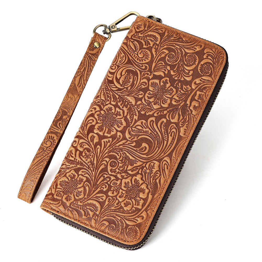 Men's Long Wallet with Floral Embossing, Cowhide Leather