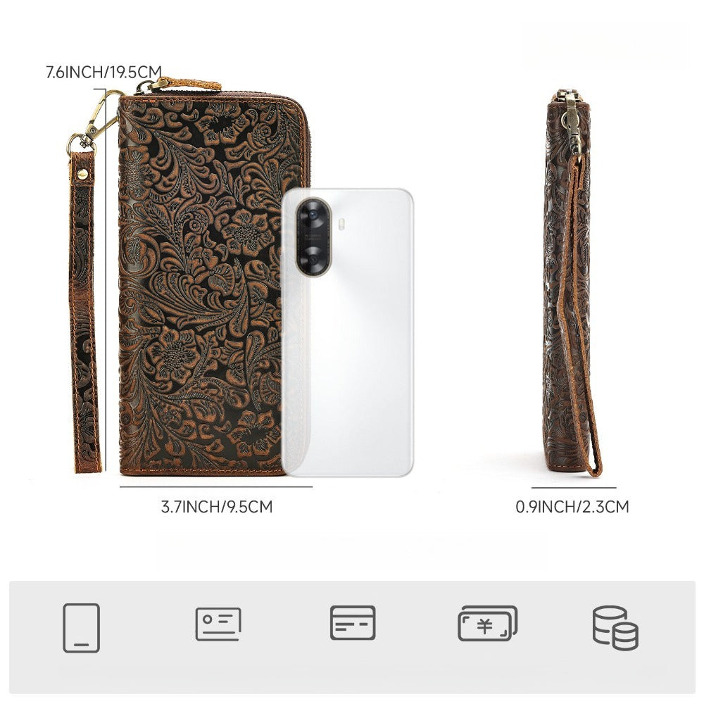Men's Long Wallet with Floral Embossing, Cowhide Leather