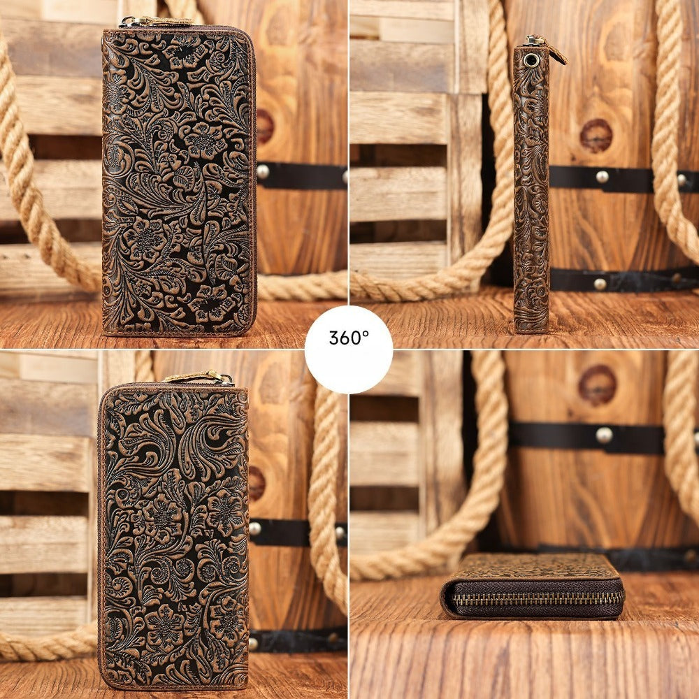 Men's Long Wallet with Floral Embossing, Cowhide Leather